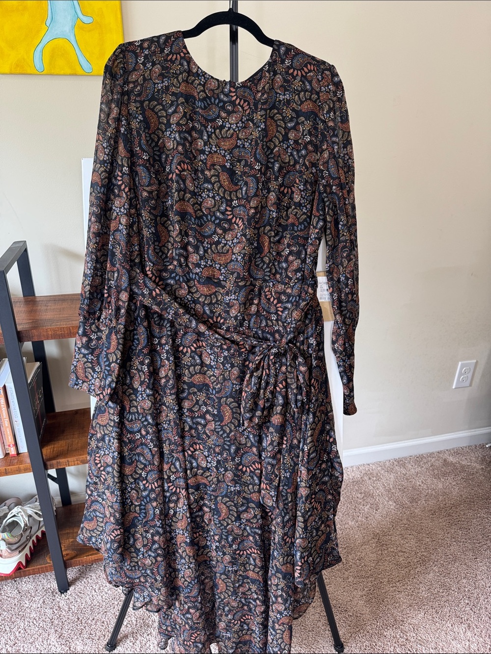 Halogen Black Paisley Tie-Waist Long Sleeve Dress NWT